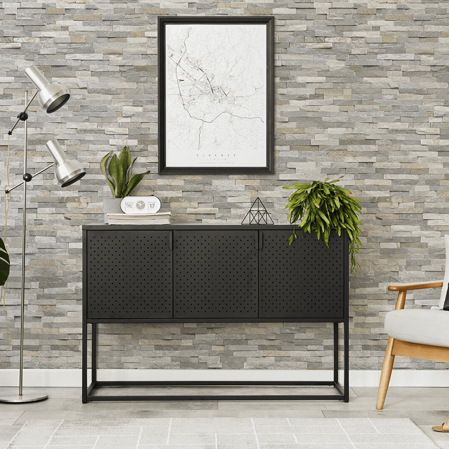 Modern desk aesthetic in front of our Angelo stone wall panel