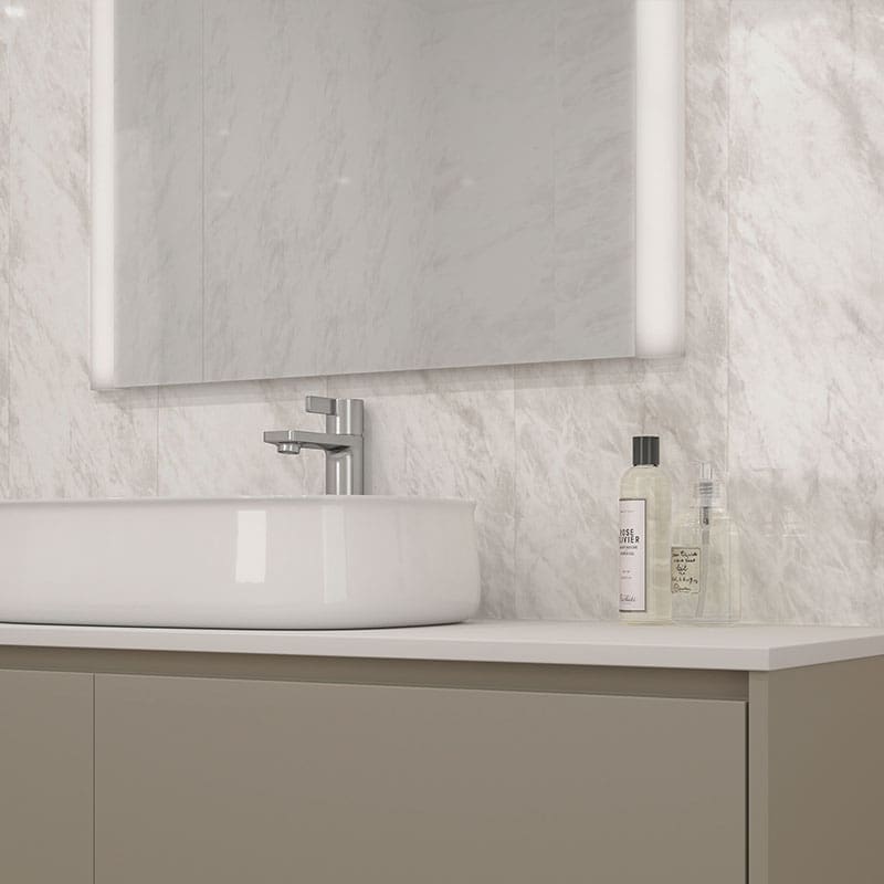 Waterproof Idium Grey Marble effect behind bathroom sink