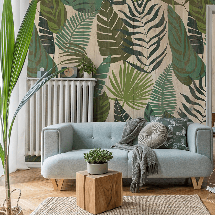 A sofa in a modern household in front of our Jungle wood wall panel