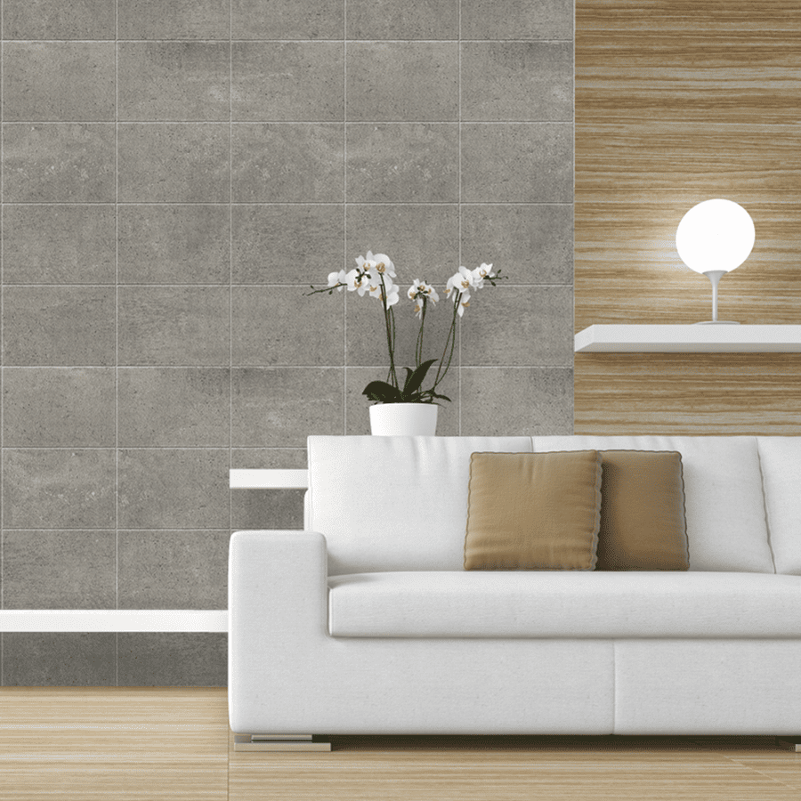 Showcase of our tile effect wall panels behind a modern living room setting