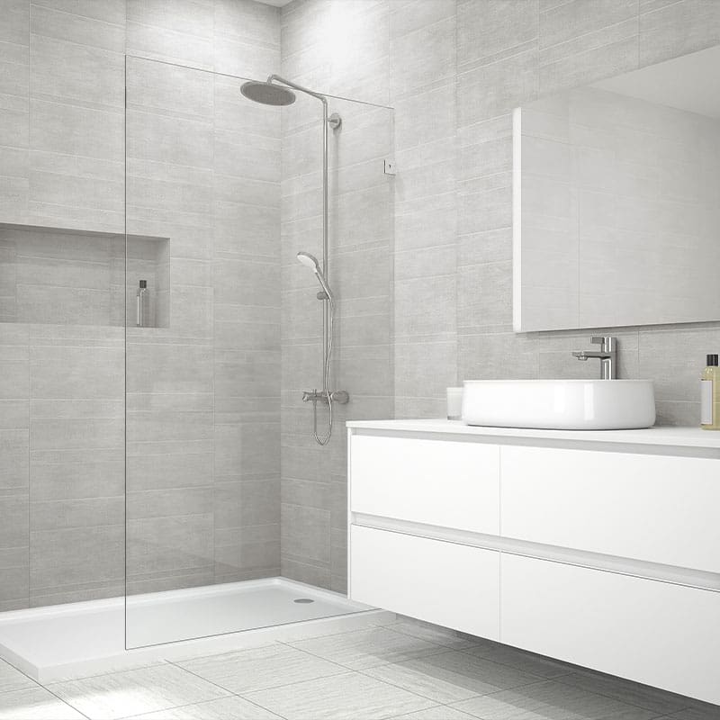 Standard Sized Stone Grey Tile Wall Panels on Bathroom Wall