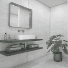 A modern bathroom setting in front of our element stone white wall panel