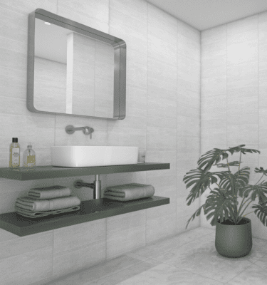 A modern bathroom setting in front of our element stone white wall panel