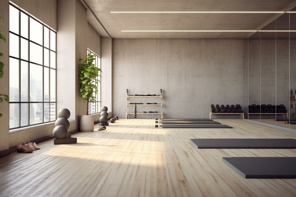 Contemporary yoga gym with concrete interior, equipment, blank w